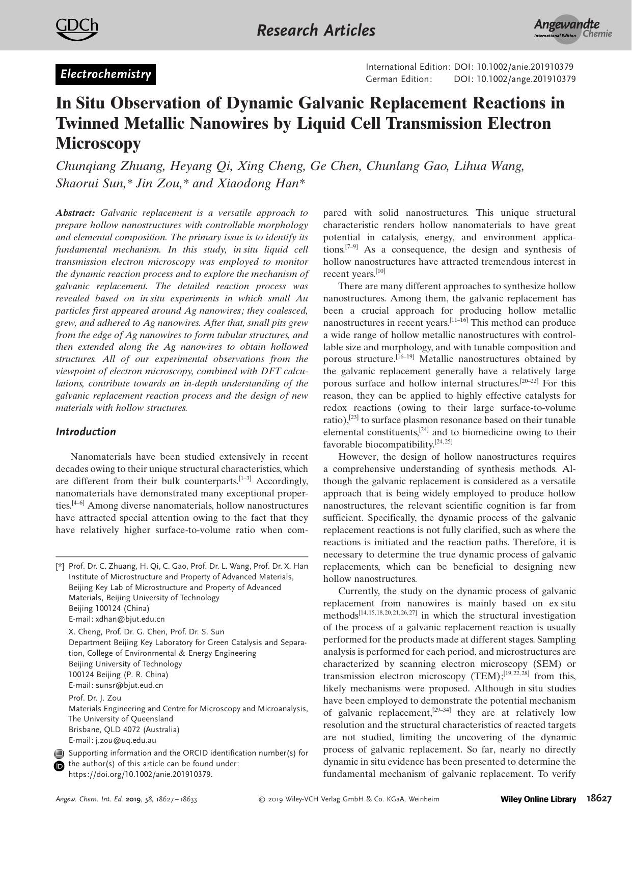 InâSitu Observation of Dynamic Galvanic Replacement Reactions in Twinned Metallic Nanowires by Liquid Cell Transmission Electron Microscopy by Unknown