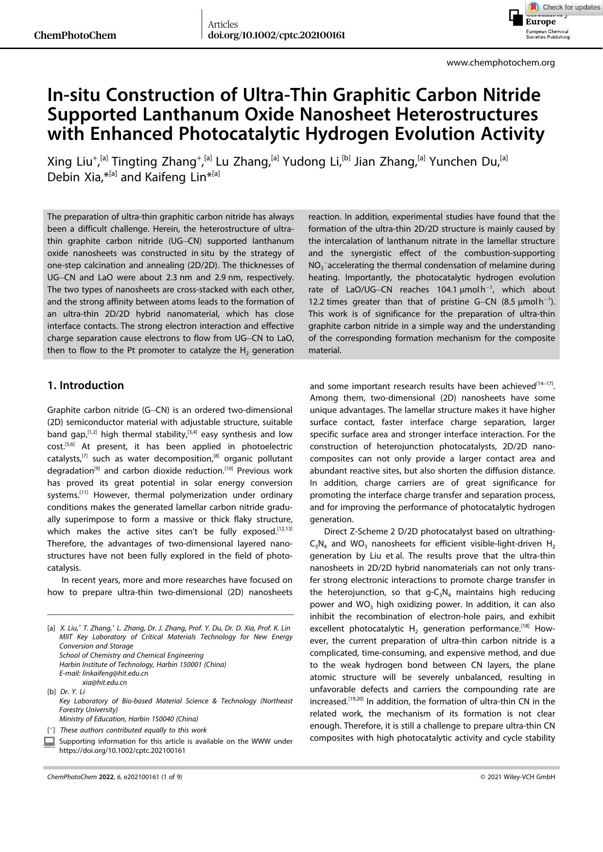 Inâsitu Construction of UltraâThin Graphitic Carbon Nitride Supported Lanthanum Oxide Nanosheet Heterostructures with Enhanced Photocatalytic Hydrogen Evolution Activity by Unknown
