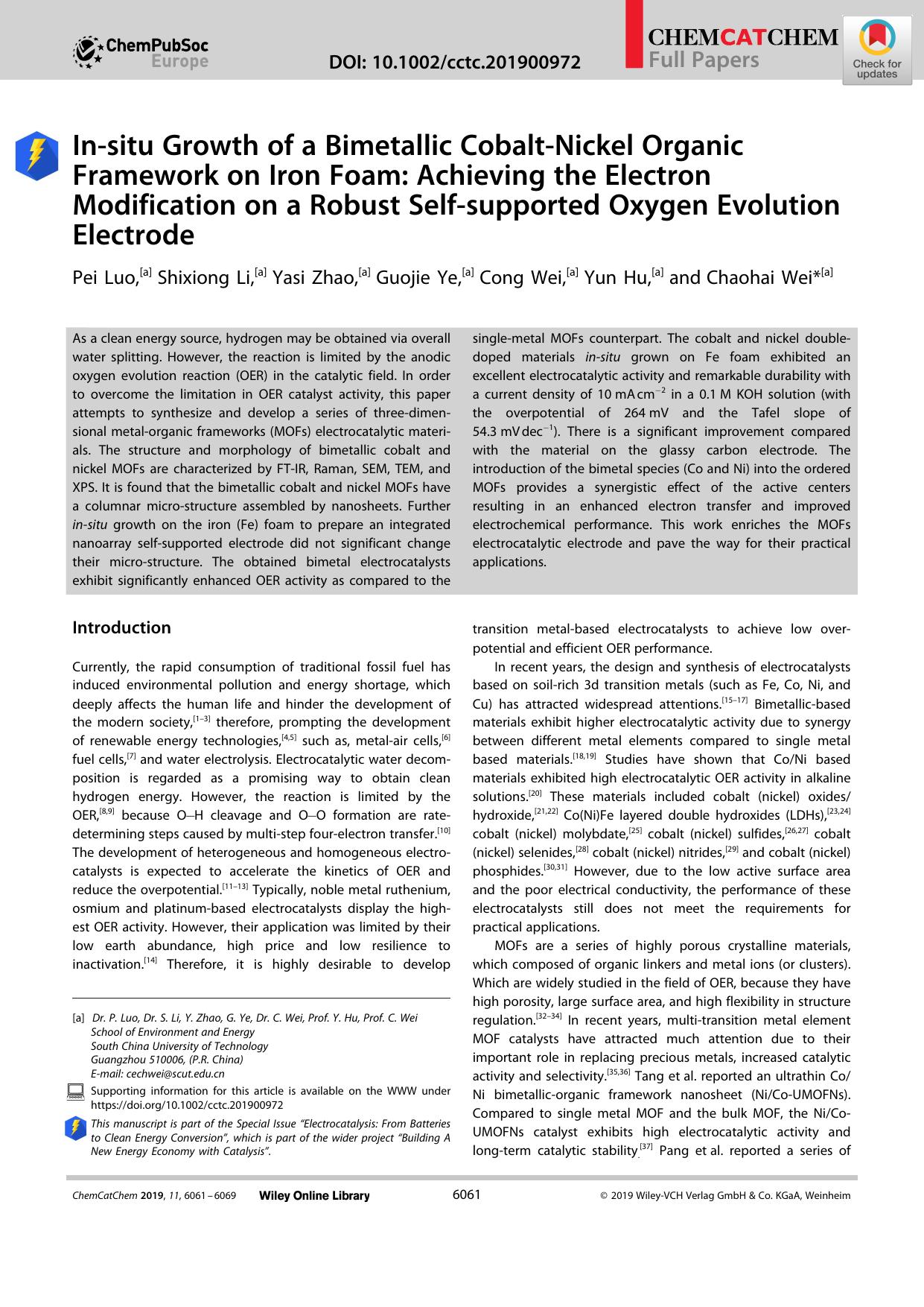 Inâsitu Growth of a Bimetallic CobaltâNickel Organic Framework on Iron Foam: Achieving the Electron Modification on a Robust Selfâsupported Oxygen Evolution Electrode by Unknown