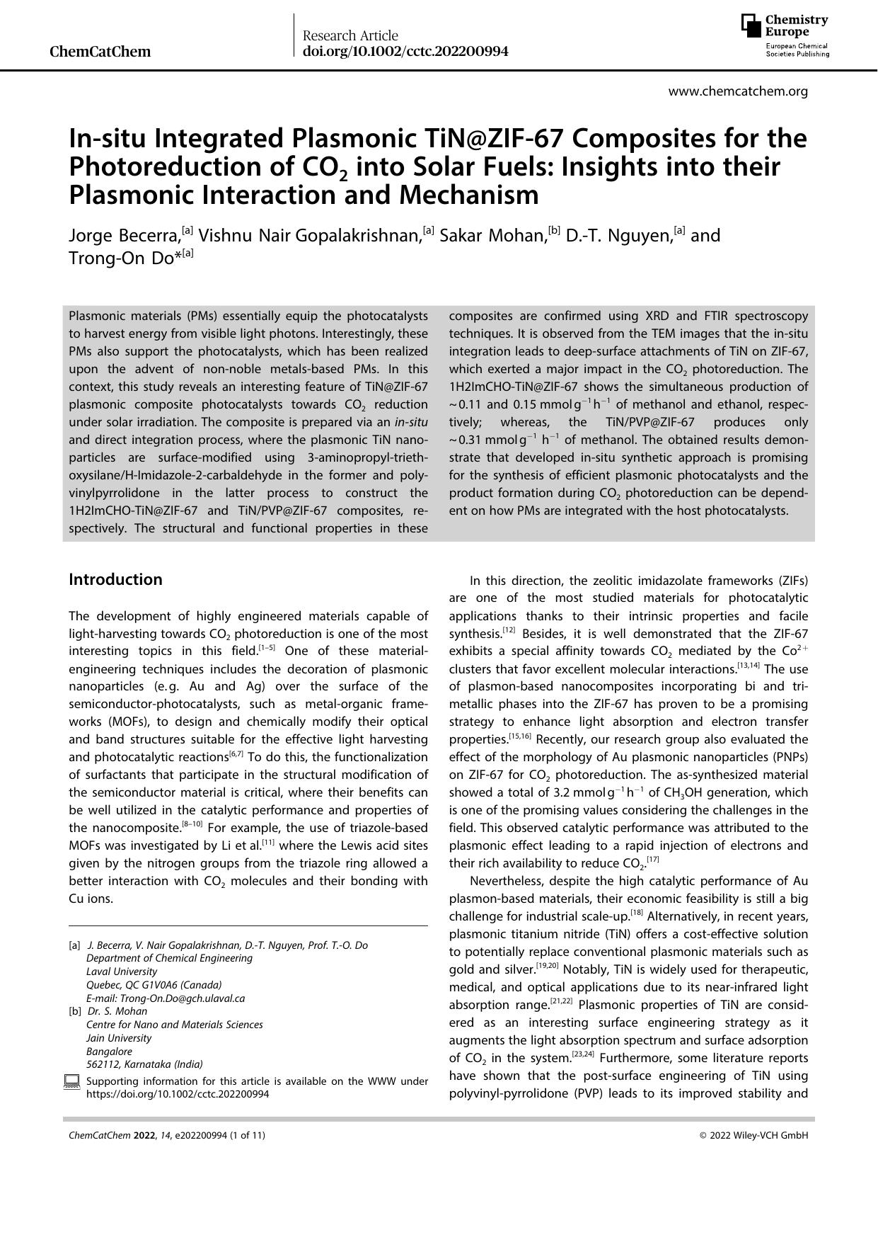 Inâsitu Integrated Plasmonic TiN@ZIFâ67 Composites for the Photoreduction of CO2 into Solar Fuels: Insights into their Plasmonic Interaction and Mechanism by Unknown