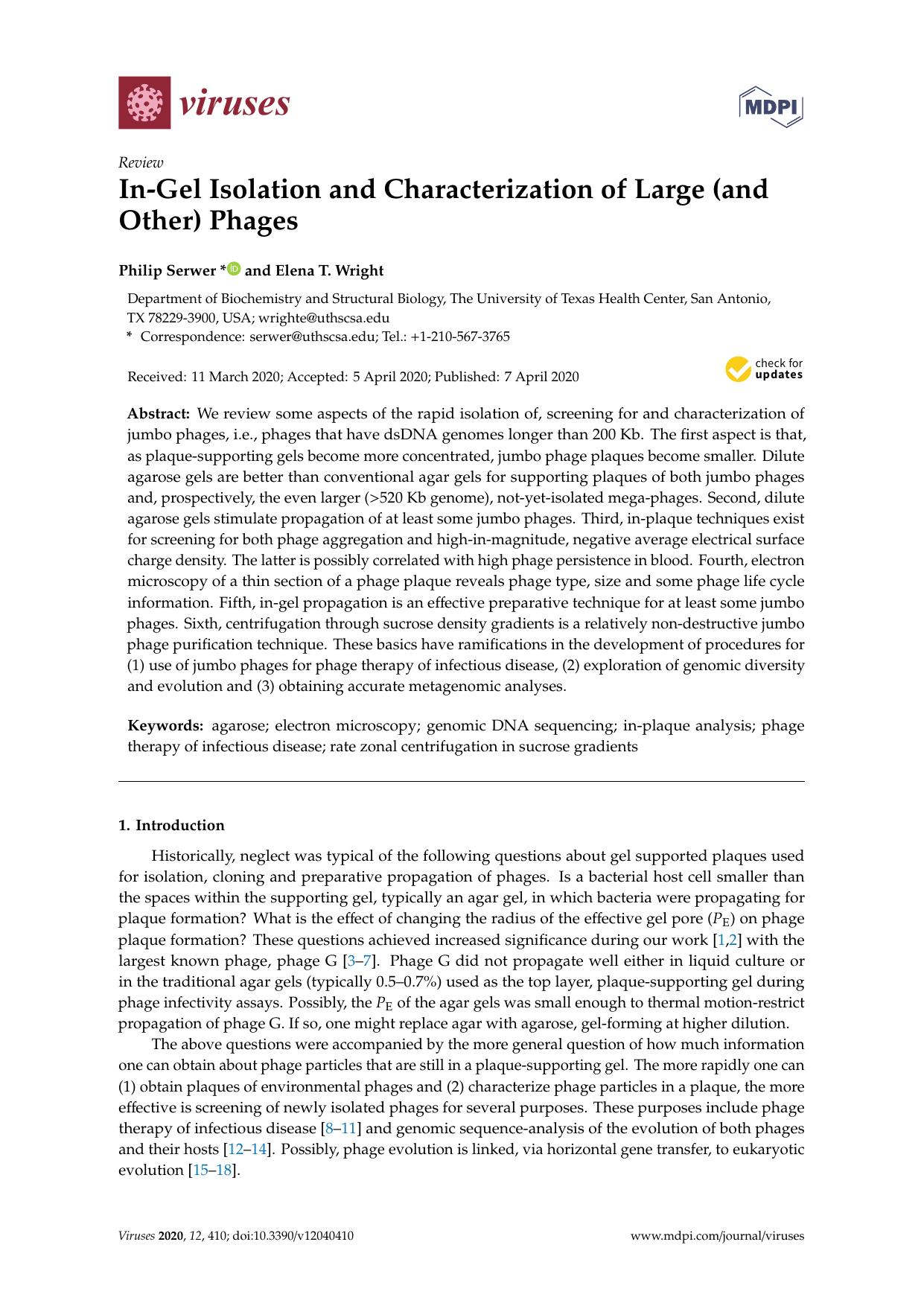 In-Gel Isolation and Characterization of Large (and Other) Phages by Philip Serwer & Elena T. Wright