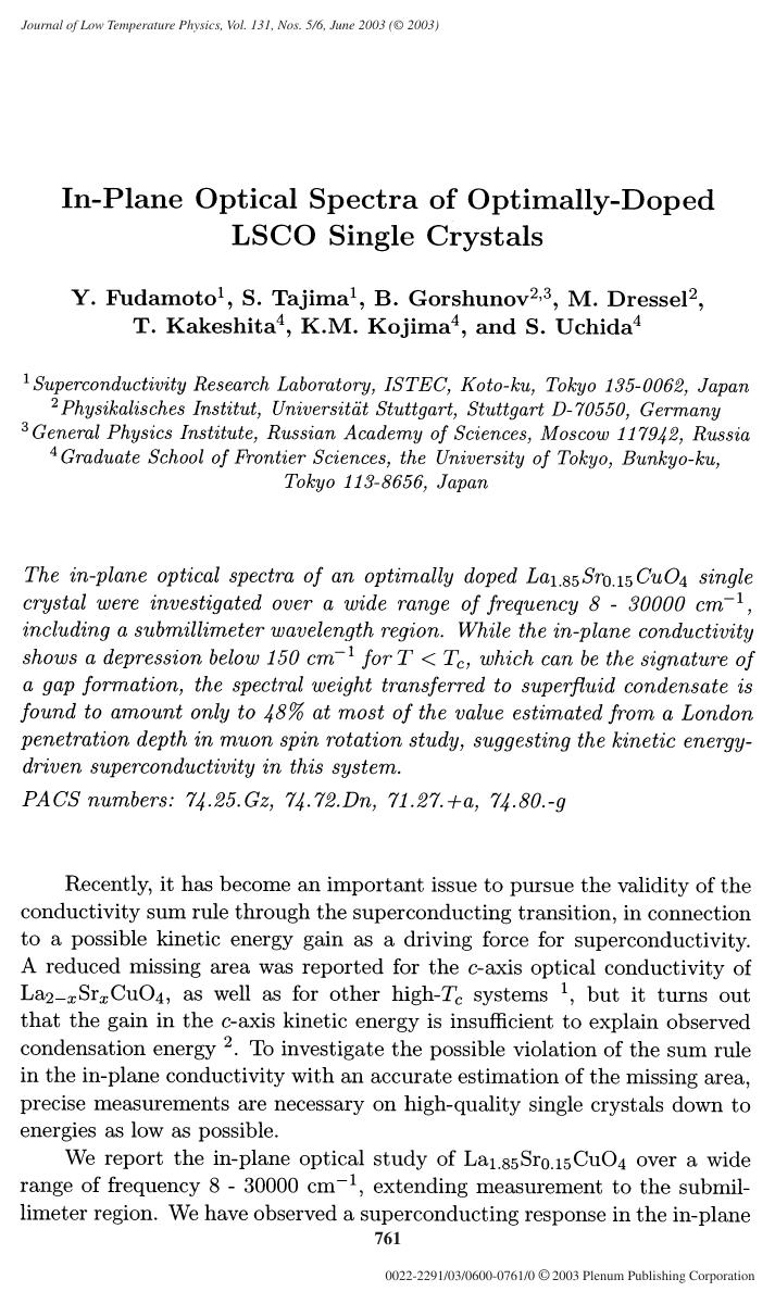 In-Plane Optical Spectra of Optimally-Doped LSCO Single Crystals by Unknown