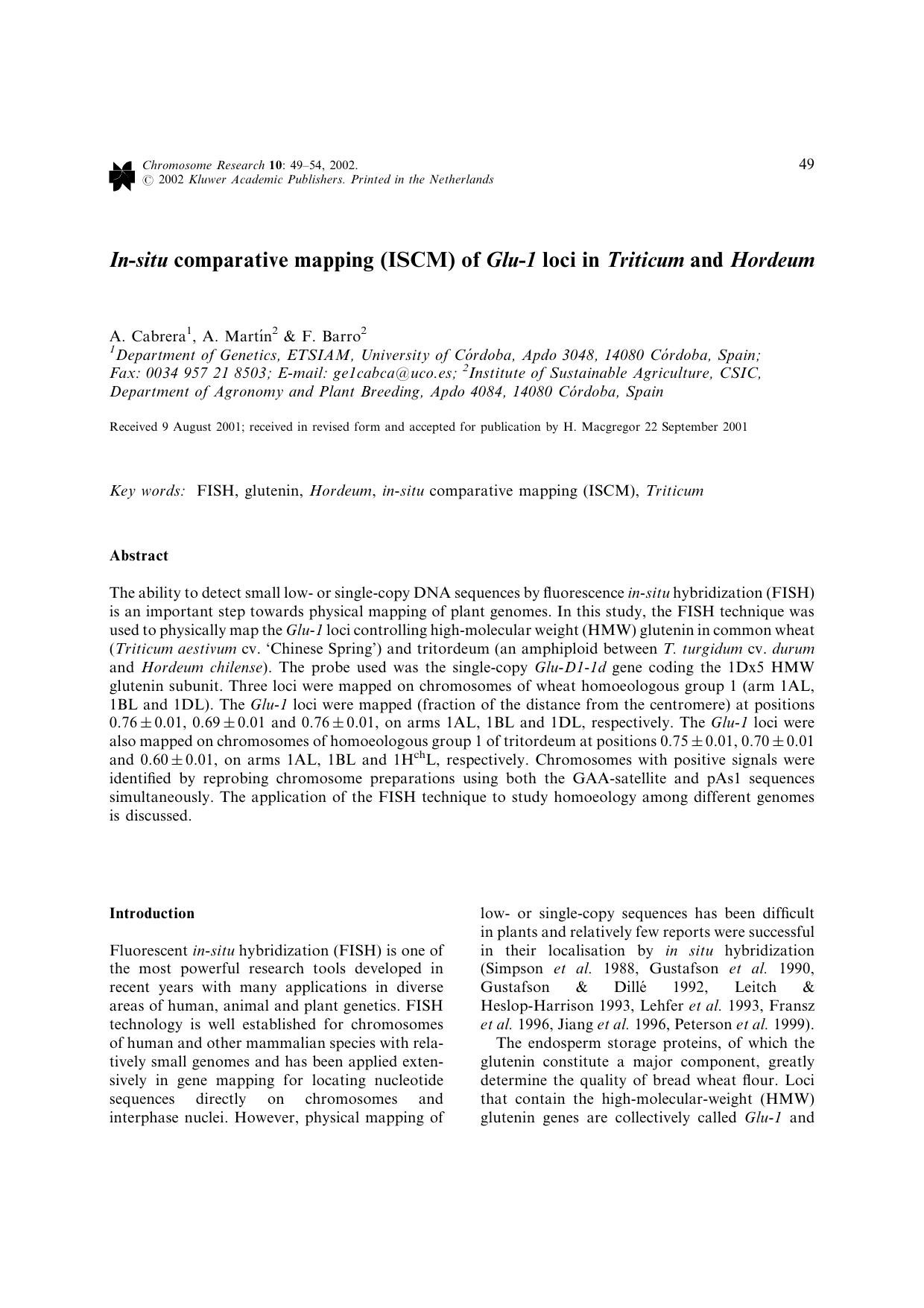In-Situ Comparative Mapping (ISCM) of Glu-1 Loci in Triticum and Hordeum by Unknown