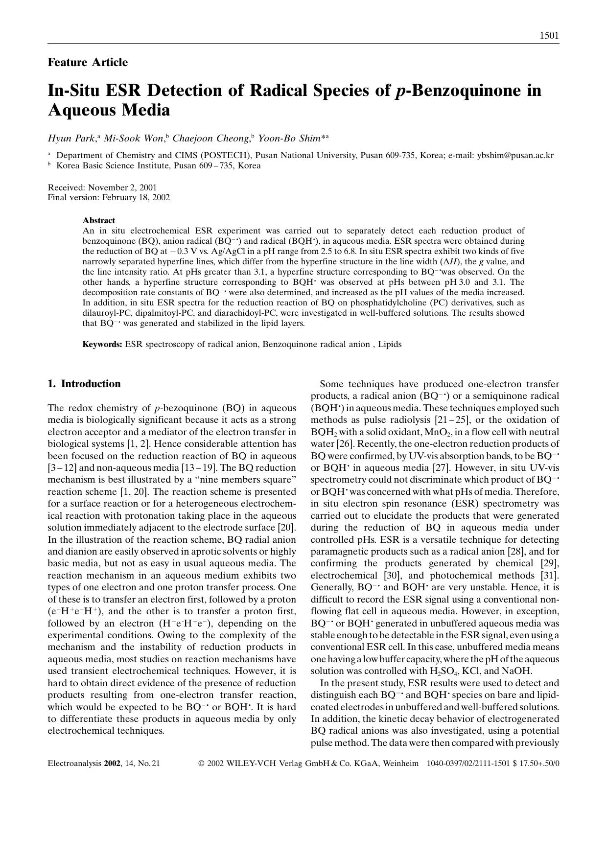 In-Situ ESR Detection of Radical Species of p-Benzoquinone in Aqueous Media by Unknown