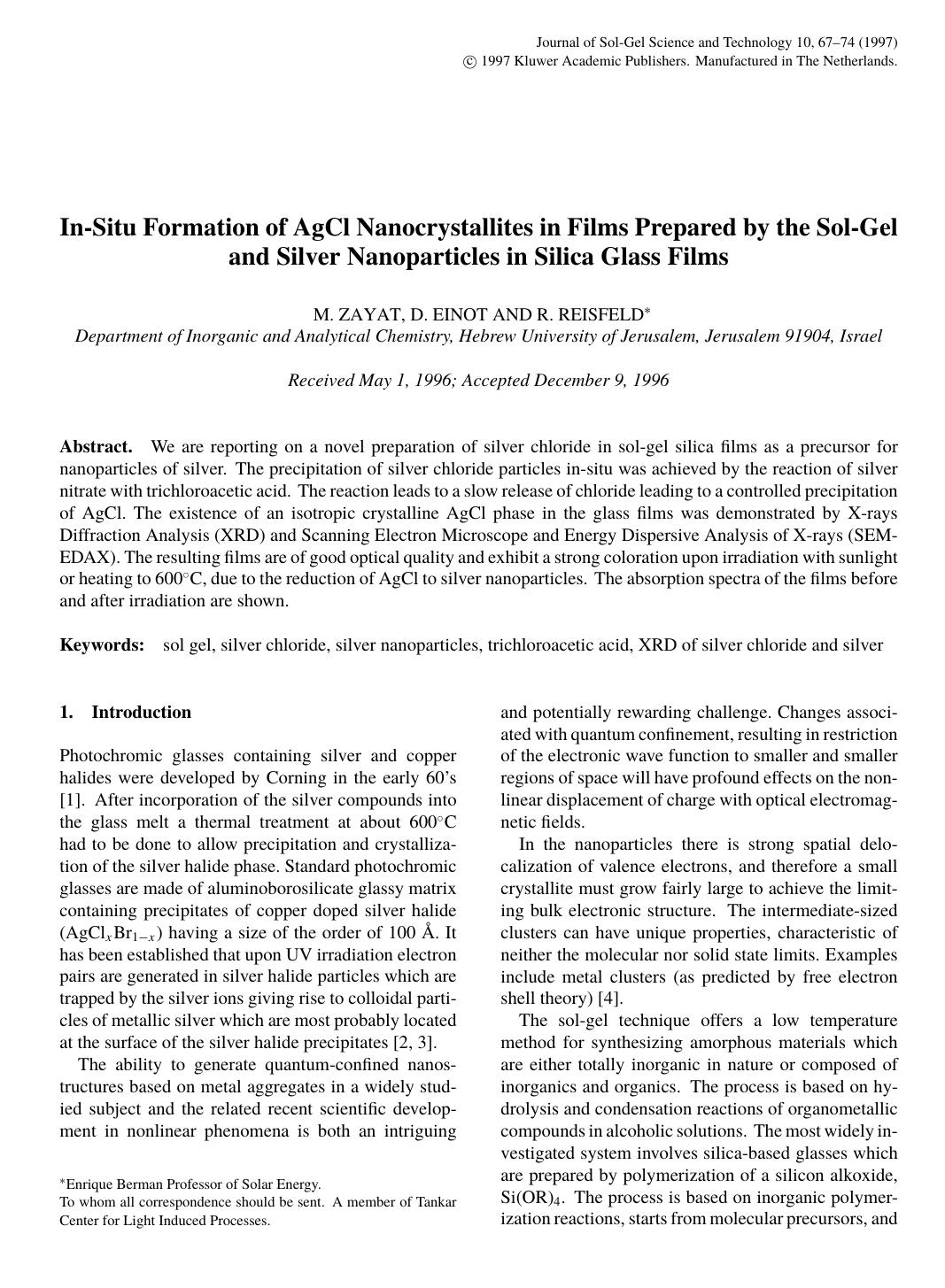 In-Situ Formation of AgCl Nanocrystallites in Films Prepared by the Sol-Gel and Silver Nanoparticles in Silica Glass Films by Unknown
