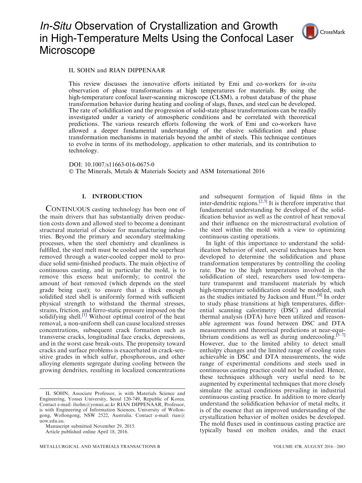 In-Situ Observation of Crystallization and Growth in High-Temperature Melts Using the Confocal Laser Microscope by Il Sohn & Rian Dippenaar