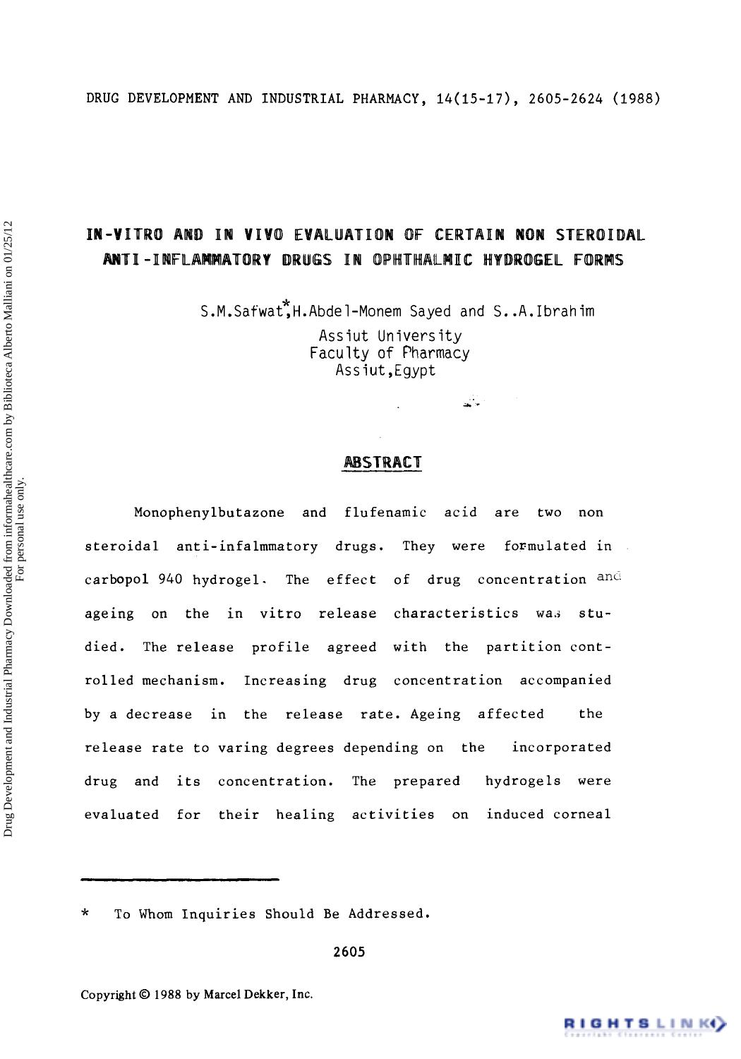 In-Vitro and in Vivo Evaluation of Certain Non Steroidal Miti-Inflammatory Drugs in Ophthalmic Myorogel Forms by S. M. Safwat Sayed H. Abdel-Monem & S. A. Ibrahim