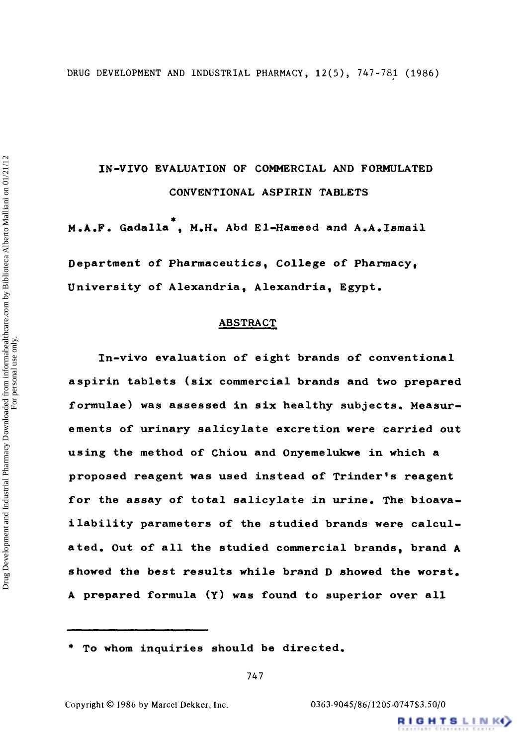 In-Vivo Evaluation of Commercial and Formulated Conventional Aspirin Tablets by M. A. P. Gadalla M. H. Abd El-Hameed & A. A. Ismail