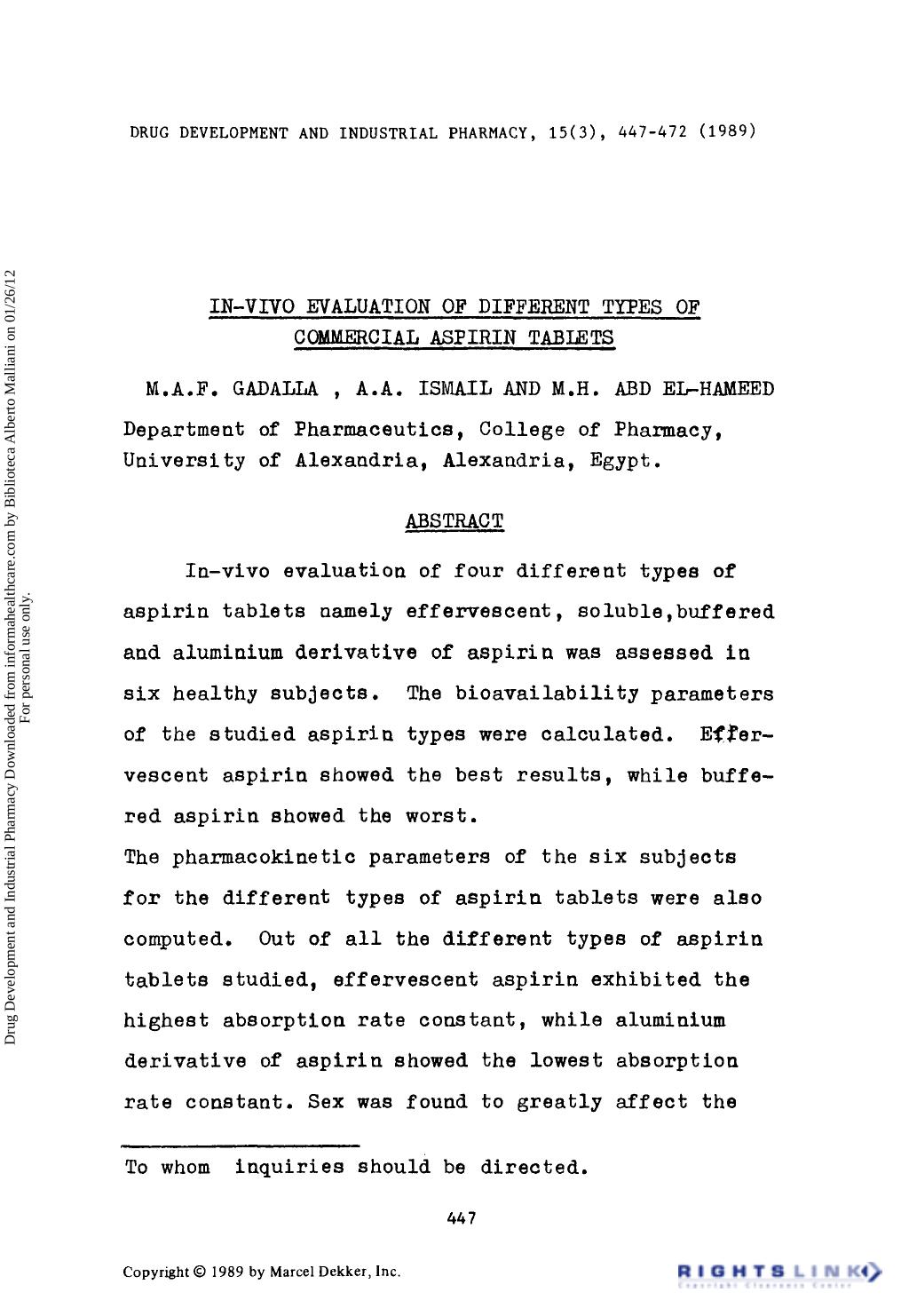 In-Vivo Evaluation of Different Types of Commercial Aspirin Tablets by M. A. F. Gadalla A. A. Ismail & M. H. Abd El-Hameed