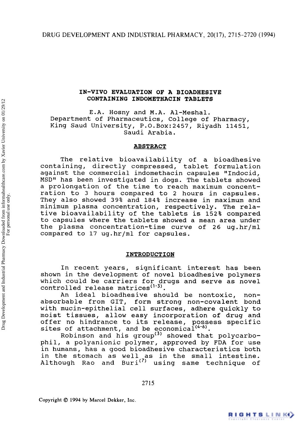 In-Vivo Evaluation of a Bioadhesive Containing Indomethacin Tablets by E. A. Hosny & M. A. Al-Meshal