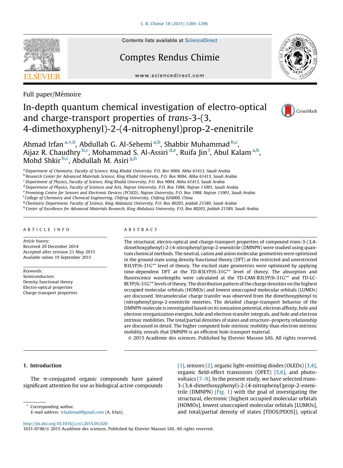 In-depth quantum chemical investigation of electro-optical and charge-transport properties of trans-3-(3,4-dimethoxyphenyl)-2-(4-nitrophenyl)prop-2-enenitrile by unknow
