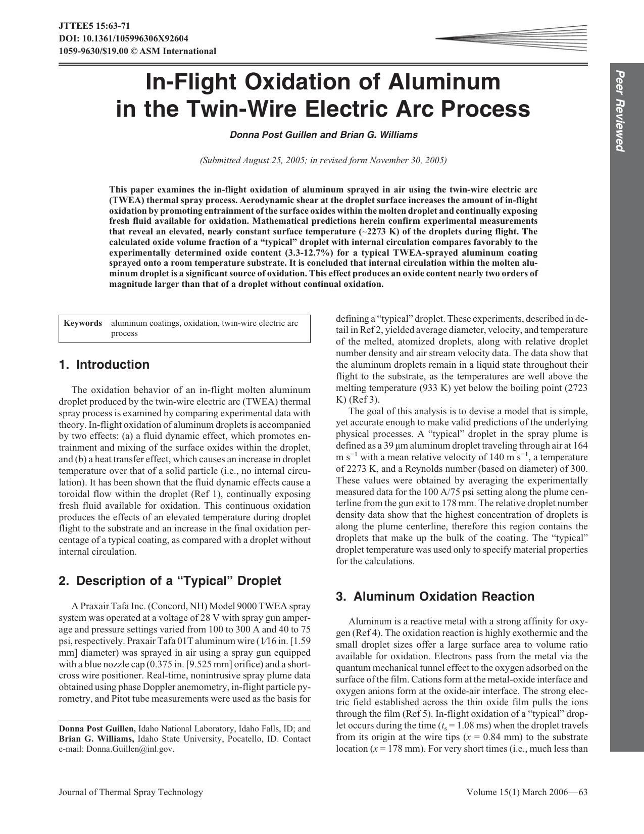 In-flight oxidation of aluminum in the twin-wire electric arc process by Unknown