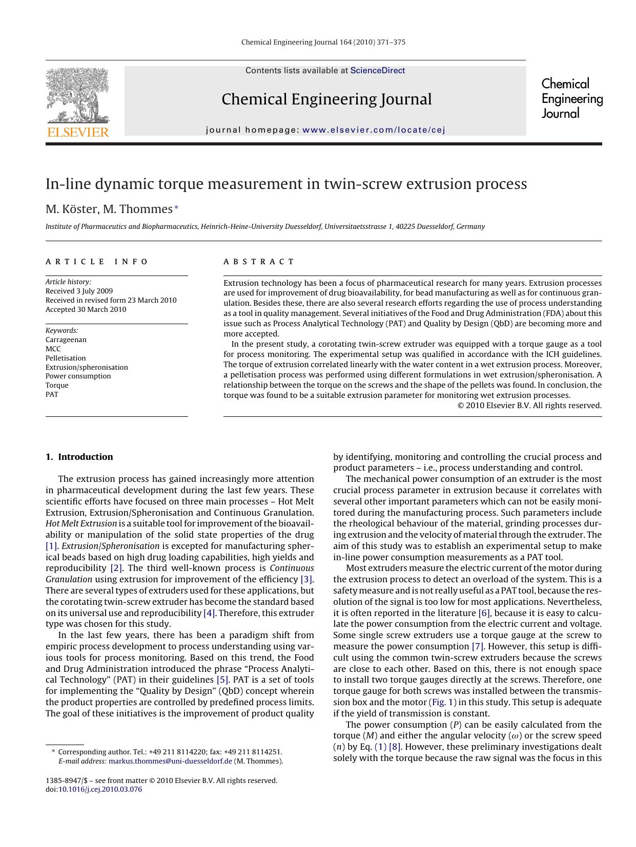 In-line dynamic torque measurement in twin-screw extrusion process by M. KÃ¶ster