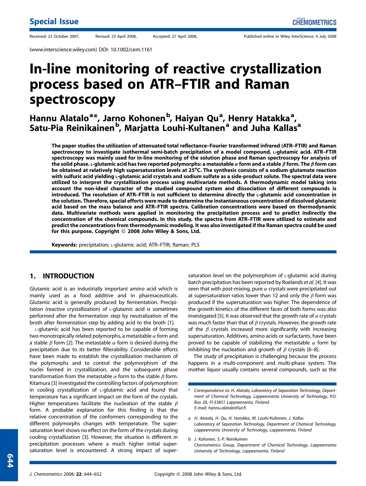 In-line monitoring of reactive crystallization process based on ATR-FTIR and Raman spectroscopy by Unknown