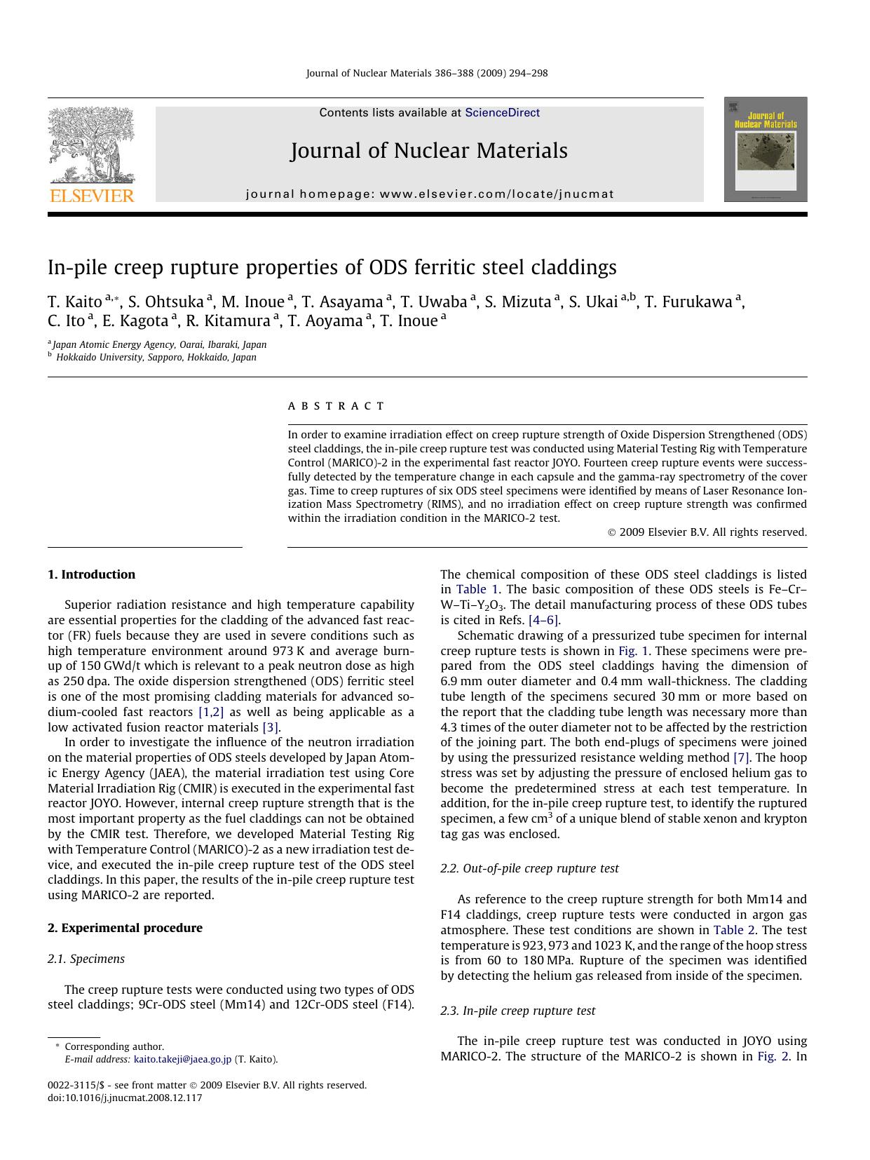In-pile creep rupture properties of ODS ferritic steel claddings by unknow
