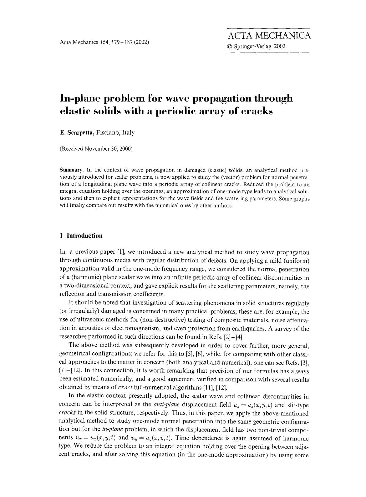 In-plane problem for wave propagation through elastic solids with a periodic array of cracks by Unknown
