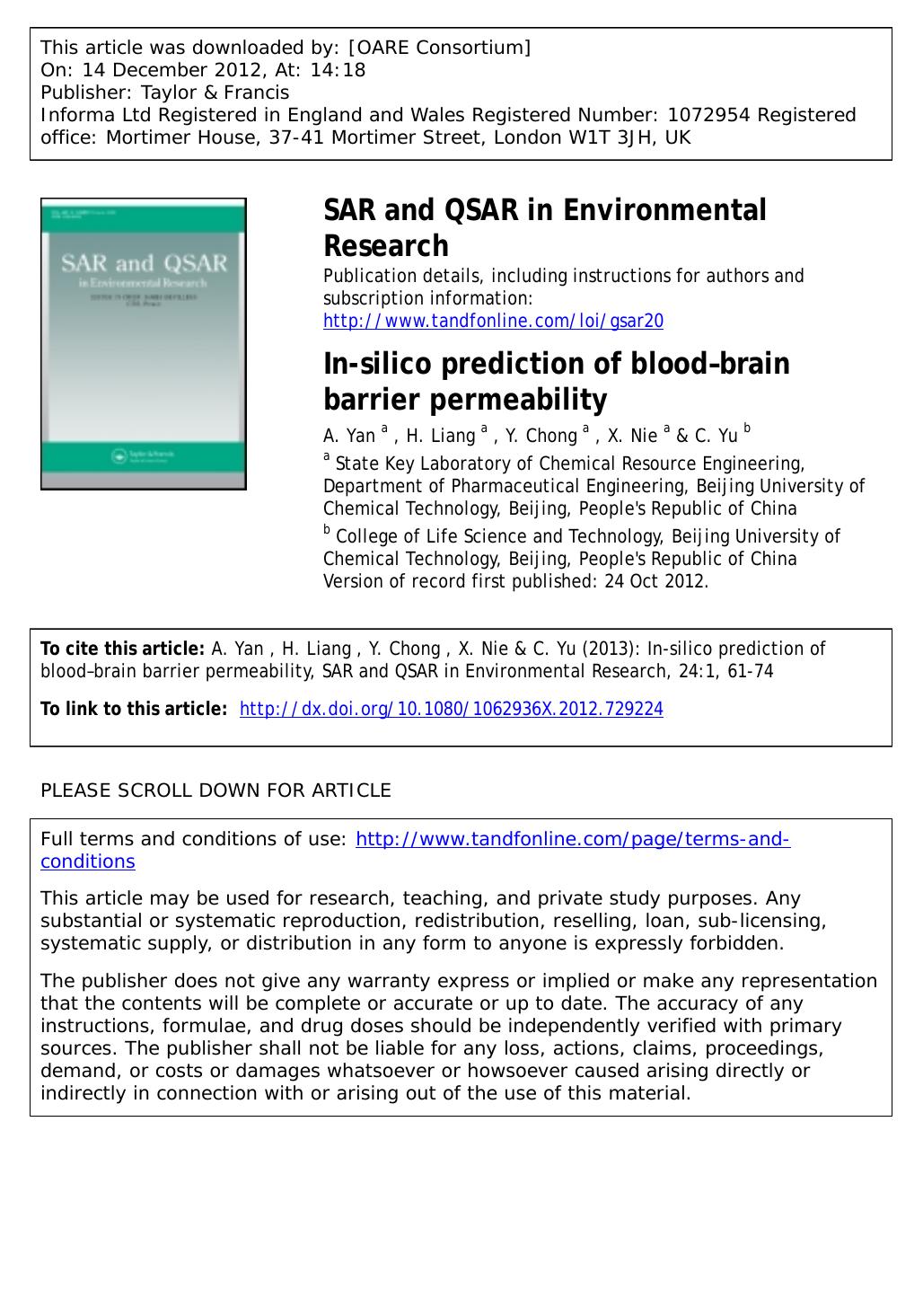 In-silico prediction of bloodâbrain barrier permeability by A. Yan H. Liang Y. Chong X. Nie & C. Yu