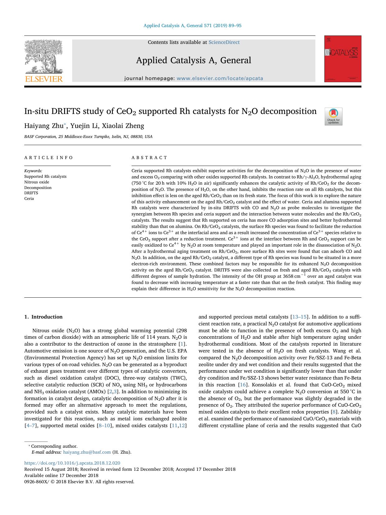 In-situ DRIFTS study of CeO2 supported Rh catalysts for N2O decomposition by Haiyang Zhu & Yuejin Li & Xiaolai Zheng