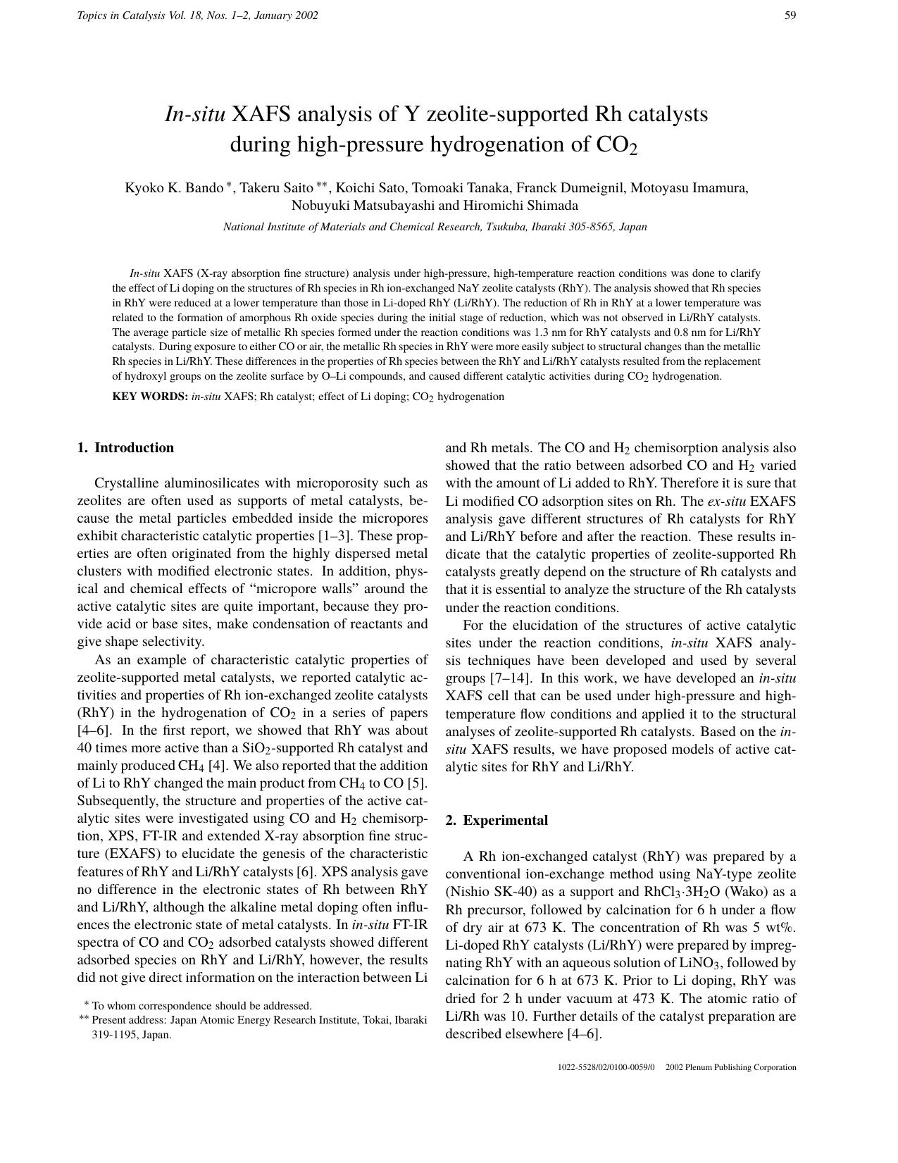 In-situ XAFS Analysis of Y Zeolite-Supported Rh Catalysts during High-Pressure Hydrogenation of CO2 by Unknown