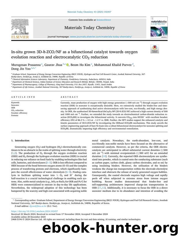 In-situ grown 3D- h -ZCONF as a bifunctional catalyst towards oxygen evolution reaction and electrocatalytic CO2 reduction by Murugesan Prasanna & Gaurav Jhaa & Beom Ho Kim & Mohammad Khalid Parvez & Dong Jin Yoo