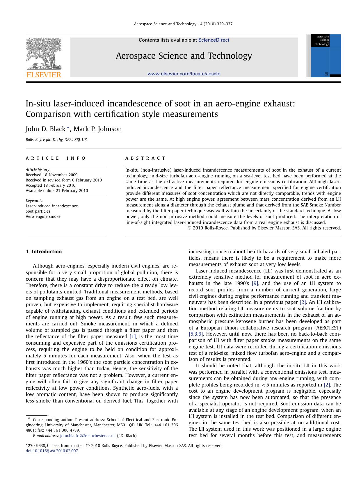 In-situ laser-induced incandescence of soot in an aero-engine exhaust: Comparison with certification style measurements by John D. Black; Mark P. Johnson