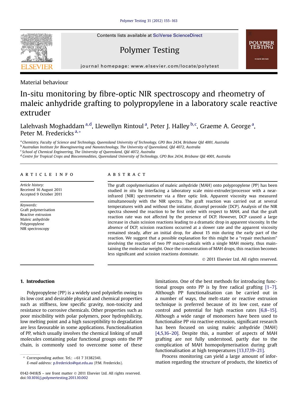 In-situ monitoring by fibre-optic NIR spectroscopy and rheometry of maleic anhydride grafting to polypropylene in a laboratory scale reactive extruder by Lalehvash Moghaddam & Llewellyn Rintoul & Peter J. Halley & Graeme A. George & Peter M. Fredericks
