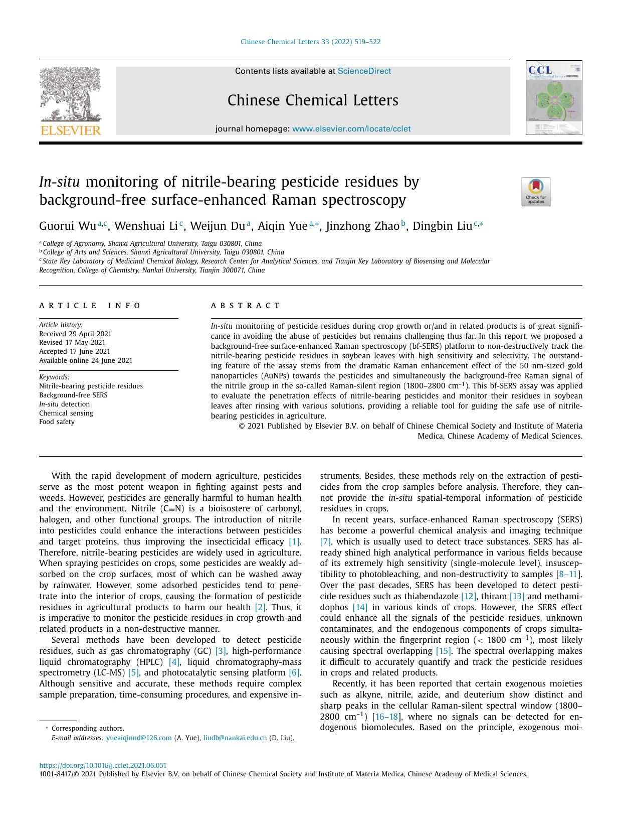 In-situ monitoring of nitrile-bearing pesticide residues by background-free surface-enhanced Raman spectroscopy by Guorui Wu & Wenshuai Li & Weijun Du & Aiqin Yue & Jinzhong Zhao & Dingbin Liu