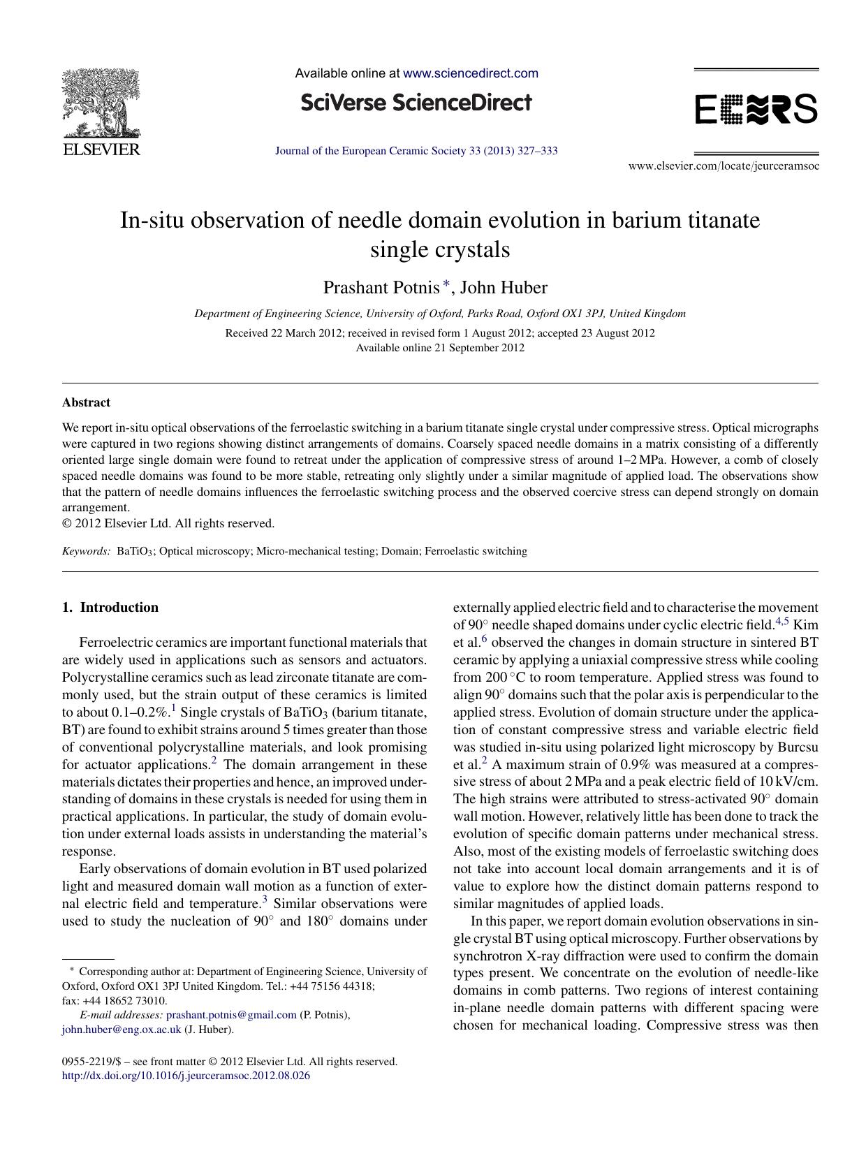 In-situ observation of needle domain evolution in barium titanate single crystals by Prashant Potnis