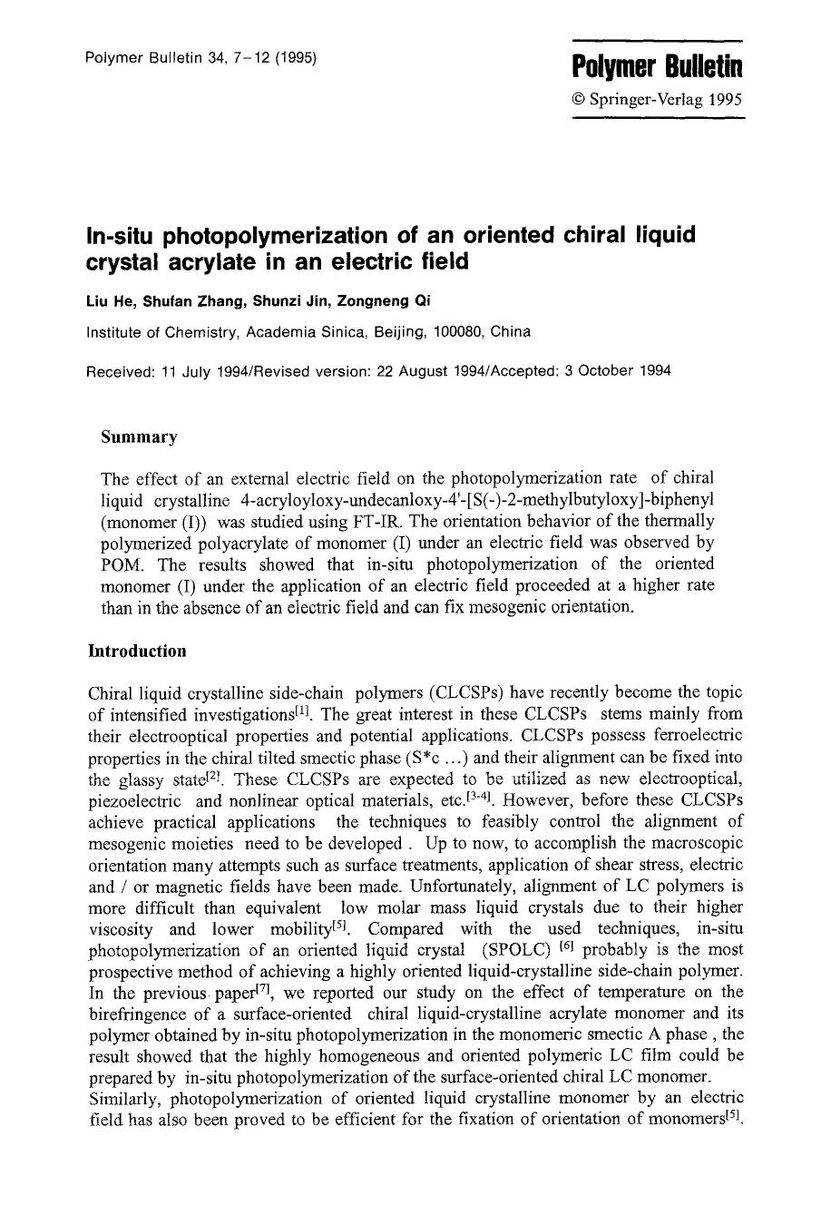 In-situ photopolymerization of an oriented chiral liquid crystal acrylate in an electric field by Unknown