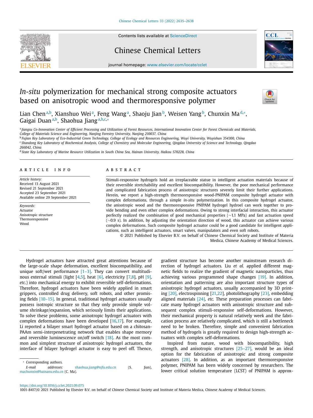 In-situ polymerization for mechanical strong composite actuators based on anisotropic wood and thermoresponsive polymer by unknow
