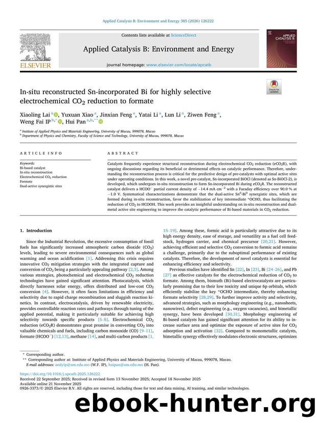 In-situ reconstructed Sn-incorporated Bi for highly selective electrochemical CO2 reduction to formate by Xiaoling Lai & Yuxuan Xiao & Jinxian Feng & Yatai Li & Lun Li & Ziwen Feng & Weng Fai IP & Hui Pan