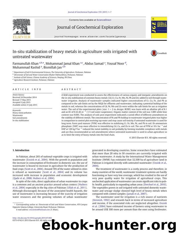 In-situ stabilization of heavy metals in agriculture soils irrigated with untreated wastewater by Farmanullah Khan & Mohammad Jamal Khan & Abdus Samad & Yousaf Noor & Muhammad Rashid & Bismillah Jan