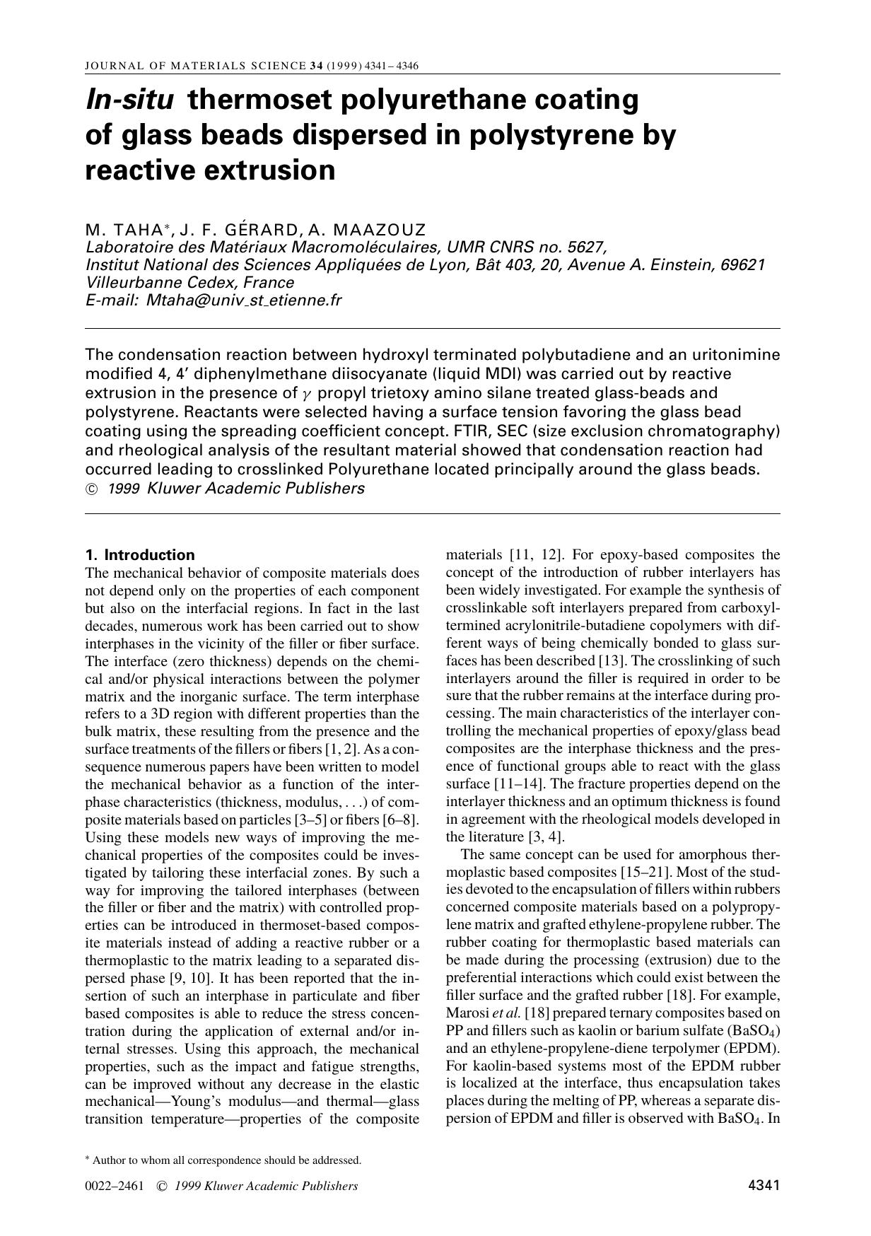 In-situ thermoset polyurethane coating of glass beads dispersed in polystyrene by reactive extrusion by Unknown