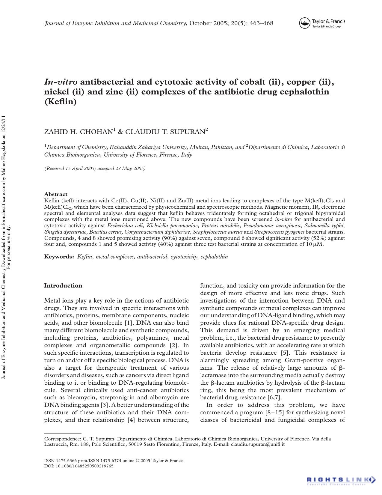 In-vitro antibacterial and cytotoxic activity of cobalt (ii), copper (ii), nickel (ii) and zinc (ii) complexes of the antibiotic drug cephalothin (Keflin) by Zahid H. Chohan & Claudiu T. Supuran