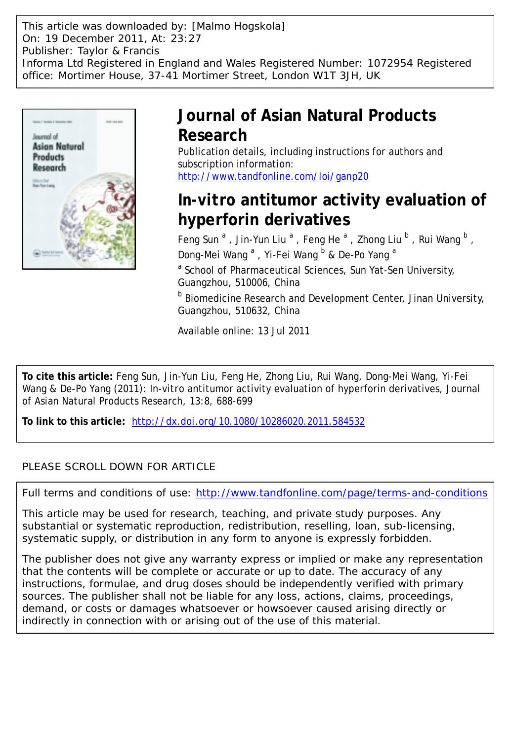 In-vitro antitumor activity evaluation of hyperforin derivatives by unknow