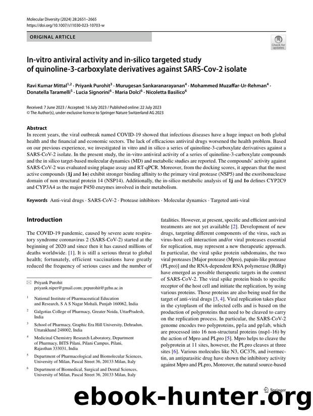 In-vitro antiviral activity and in-silico targeted study of quinoline-3-carboxylate derivatives against SARS-Cov-2 isolate by unknow