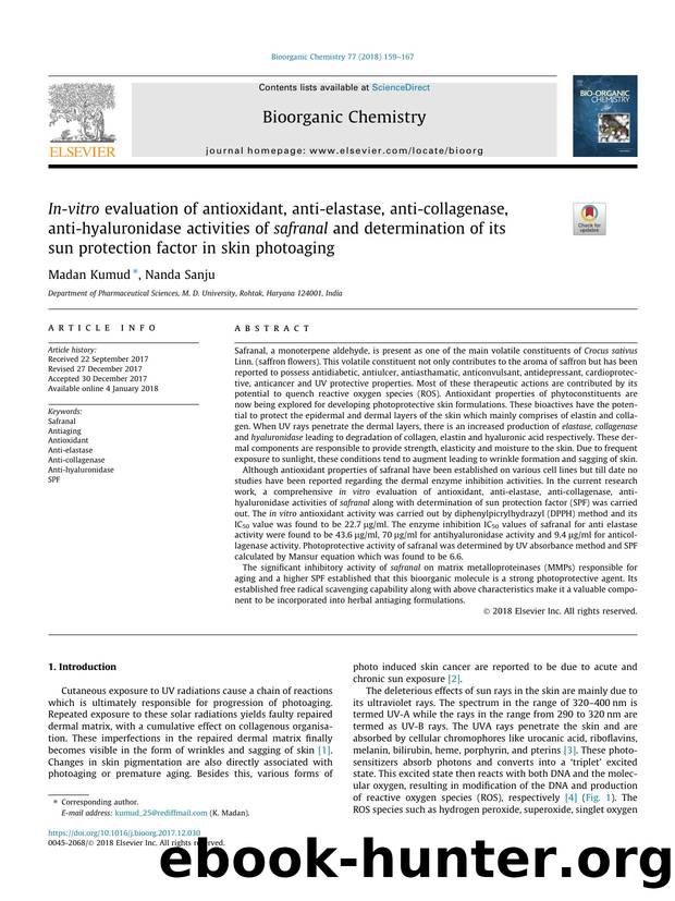 In-vitro evaluation of antioxidant, anti-elastase, anti-collagenase, anti-hyaluronidase activities of safranal and determination of its sun protection factor in skin photoaging by Kumud Madan & Sanju Nanda