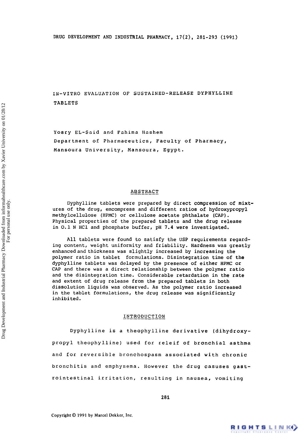 In-vitro evaluation of sustained-release dyphylline tablets by Yosry El-said & Fahima Hashem