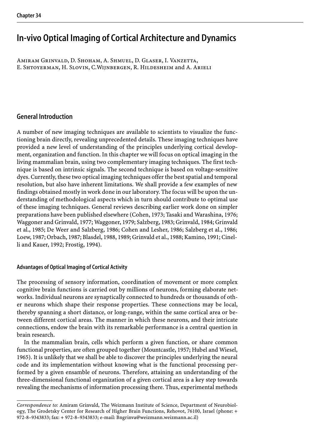 In-vivo Optical Imaging of Cortical Architecture and Dynamics by Amiram Grinvald D. Shoham A. Shmuel D. Glaser I. Vanzetta