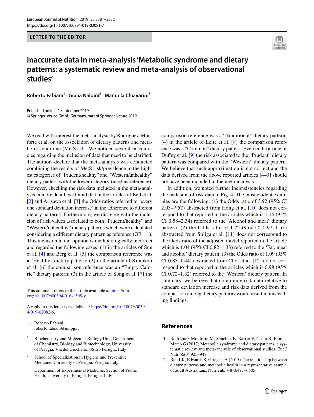 Inaccurate data in meta-analysis âMetabolic syndrome and dietary patterns: a systematic review and meta-analysis of observational studiesâ by Roberto Fabiani & Giulia Naldini & Manuela Chiavarini