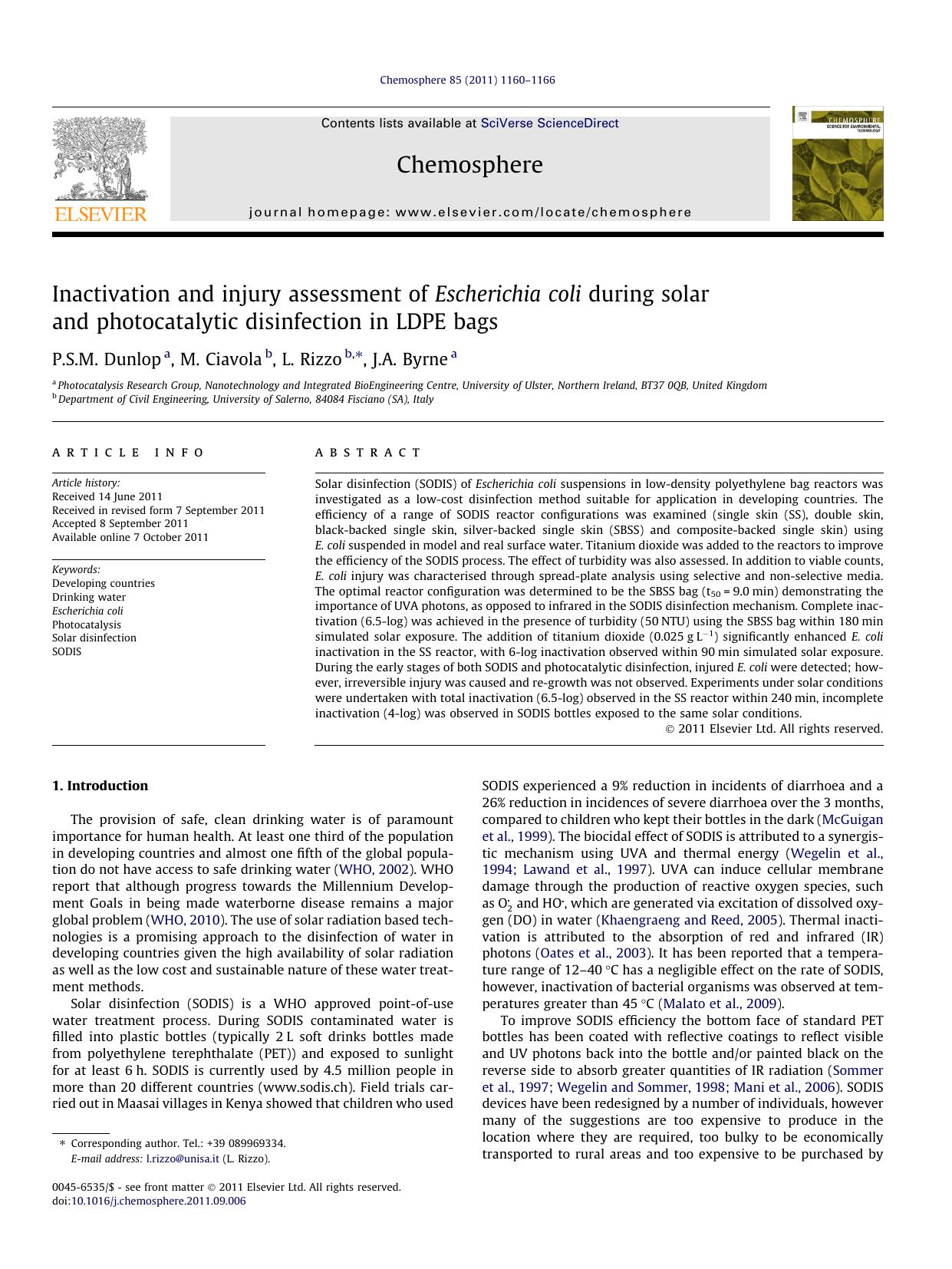 Inactivation and injury assessment of Escherichia coli during solar and photocatalytic disinfection in LDPE bags by P.S.M. Dunlop & M. Ciavola & L. Rizzo & J.A. Byrne