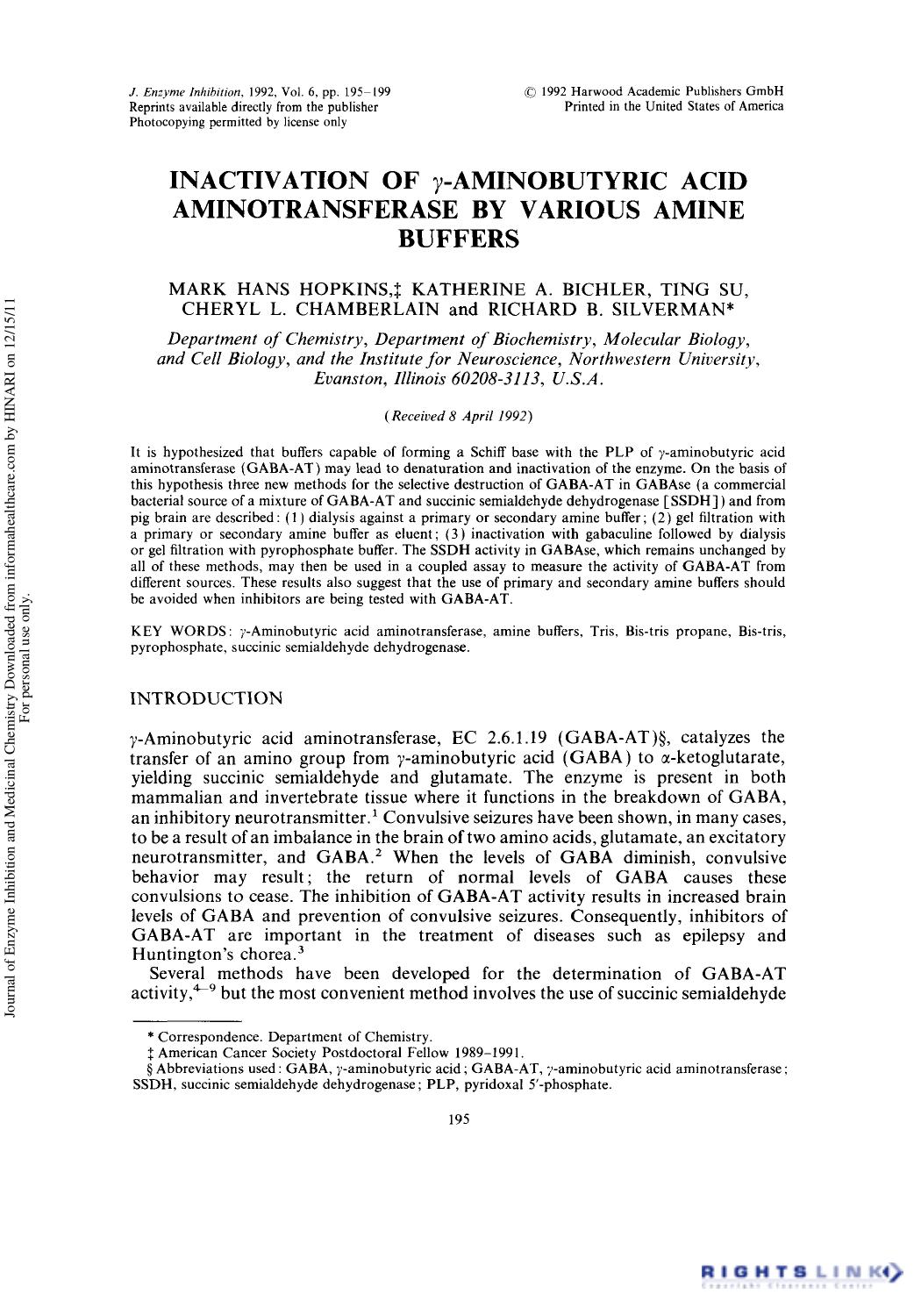 Inactivation of Î³-Aminobutyric Acid Aminotransferase by Various Amine Buffers by Mark Hans Hopkins Katherine A. Bichler Ting Su Cheryl L Chamberlain & Richard B. Silverman
