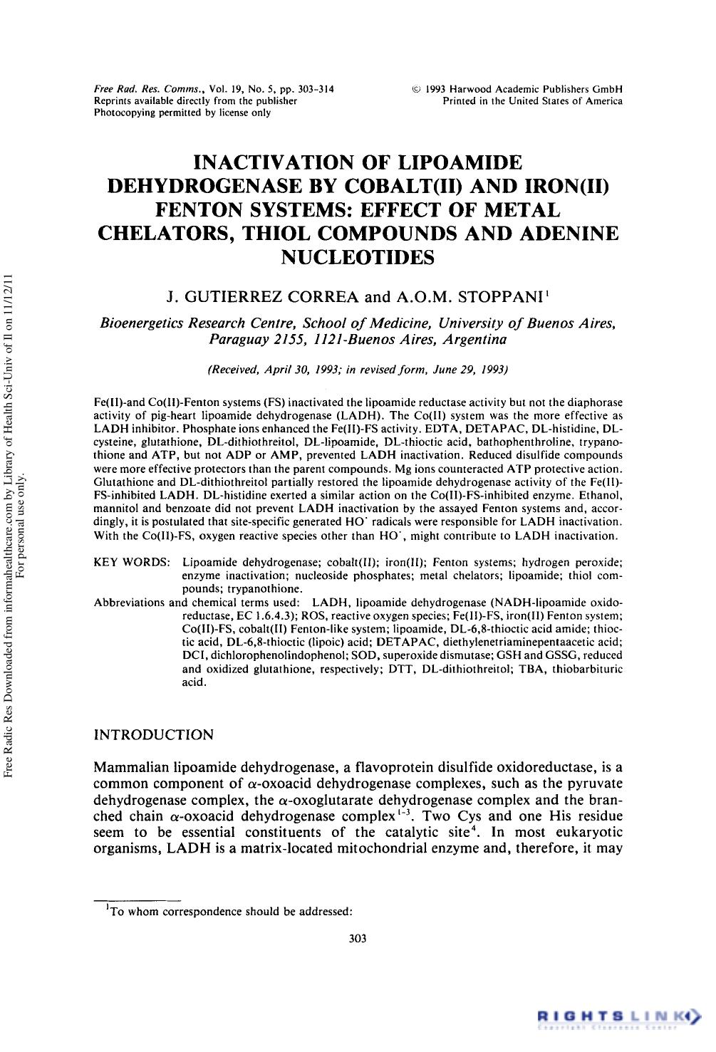 Inactivation of Lipoamide Dehydrogenase by Cobalt(II) and Iron(II) Fenton Systems: Effect of Metal Chelators, Thiol Compounds and Adenine Nucleotides by J. Gutierrez Correa1 & A. O. M. Stoppani1