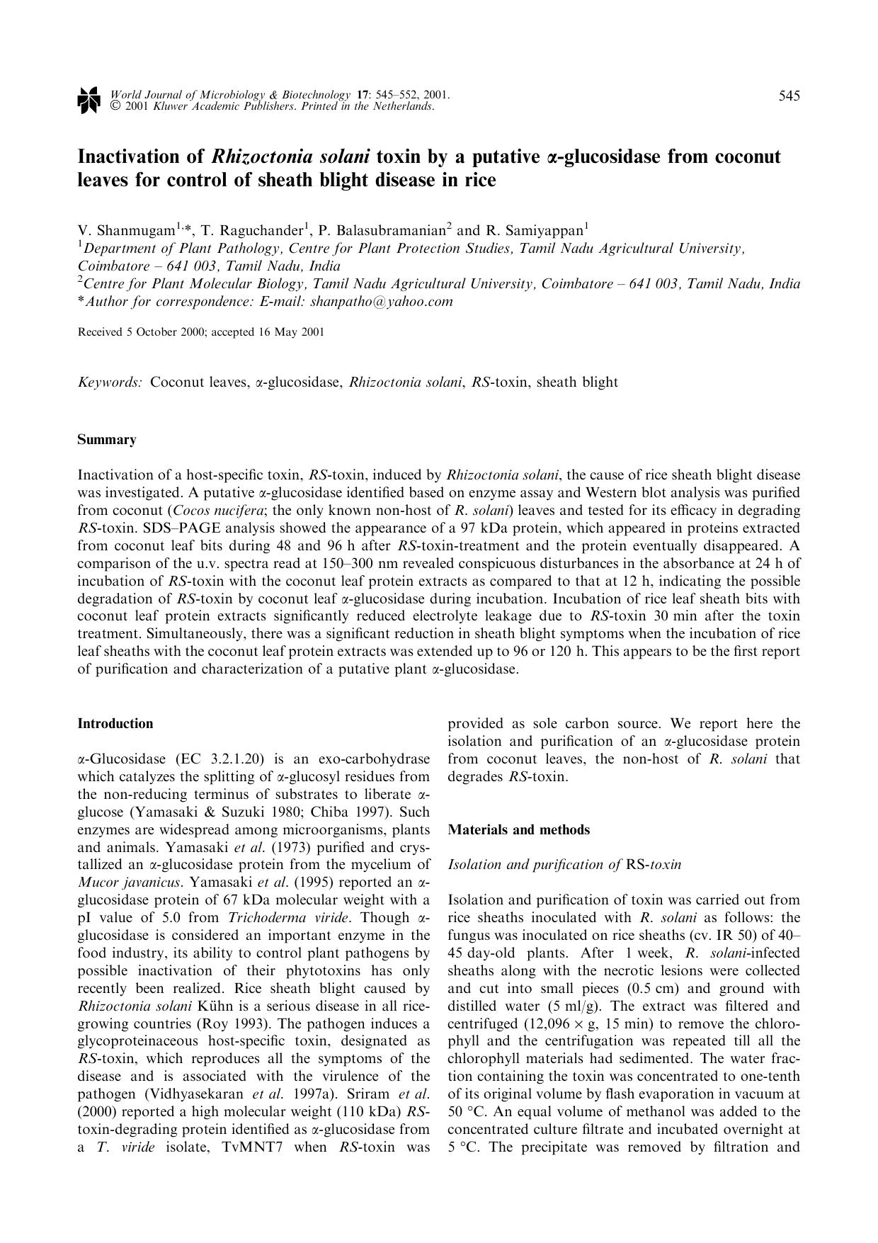 Inactivation of Rhizoctonia solani toxin by a putative &#x03B1;-glucosidase from coconut leaves for control of sheath blight disease in rice by Unknown