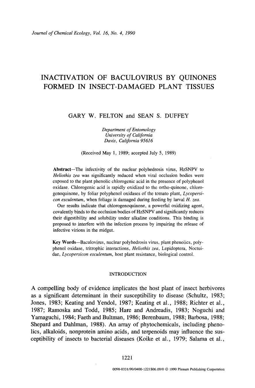Inactivation of baculovirus by quinones formed in insect-damaged plant tissues by Unknown