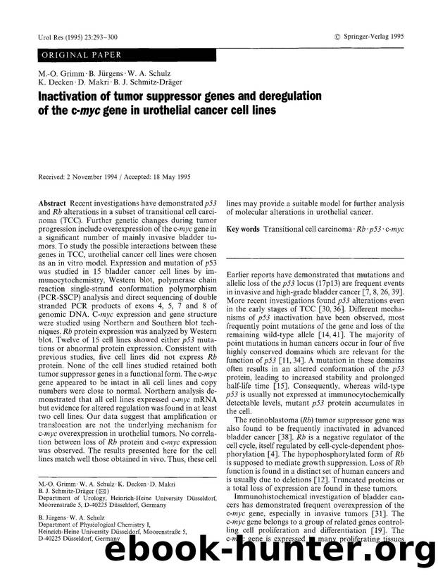 Inactivation of tumor suppressor genes and deregulation of the c-<Emphasis Type="Italic">myc<Emphasis> gene in urothelial cancer cell lines by Unknown