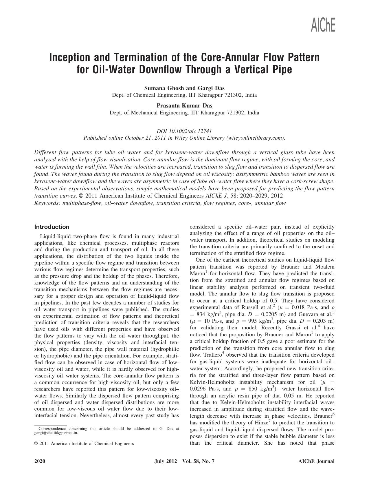 Inception and termination of the coreannular flow pattern for oilwater downflow through a vertical pipe by Unknown