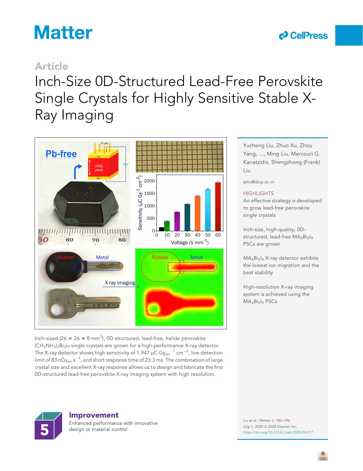 Inch-Size 0D-Structured Lead-Free Perovskite Single Crystals for Highly Sensitive Stable X-Ray Imaging by unknow