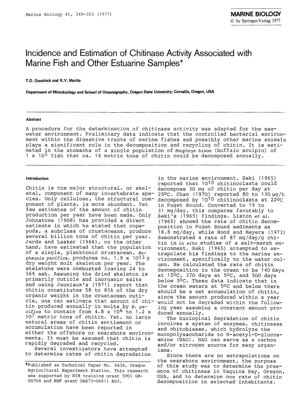 Incidence and estimation of chitinase activity associated with marine fish and other estuarine samples by Unknown