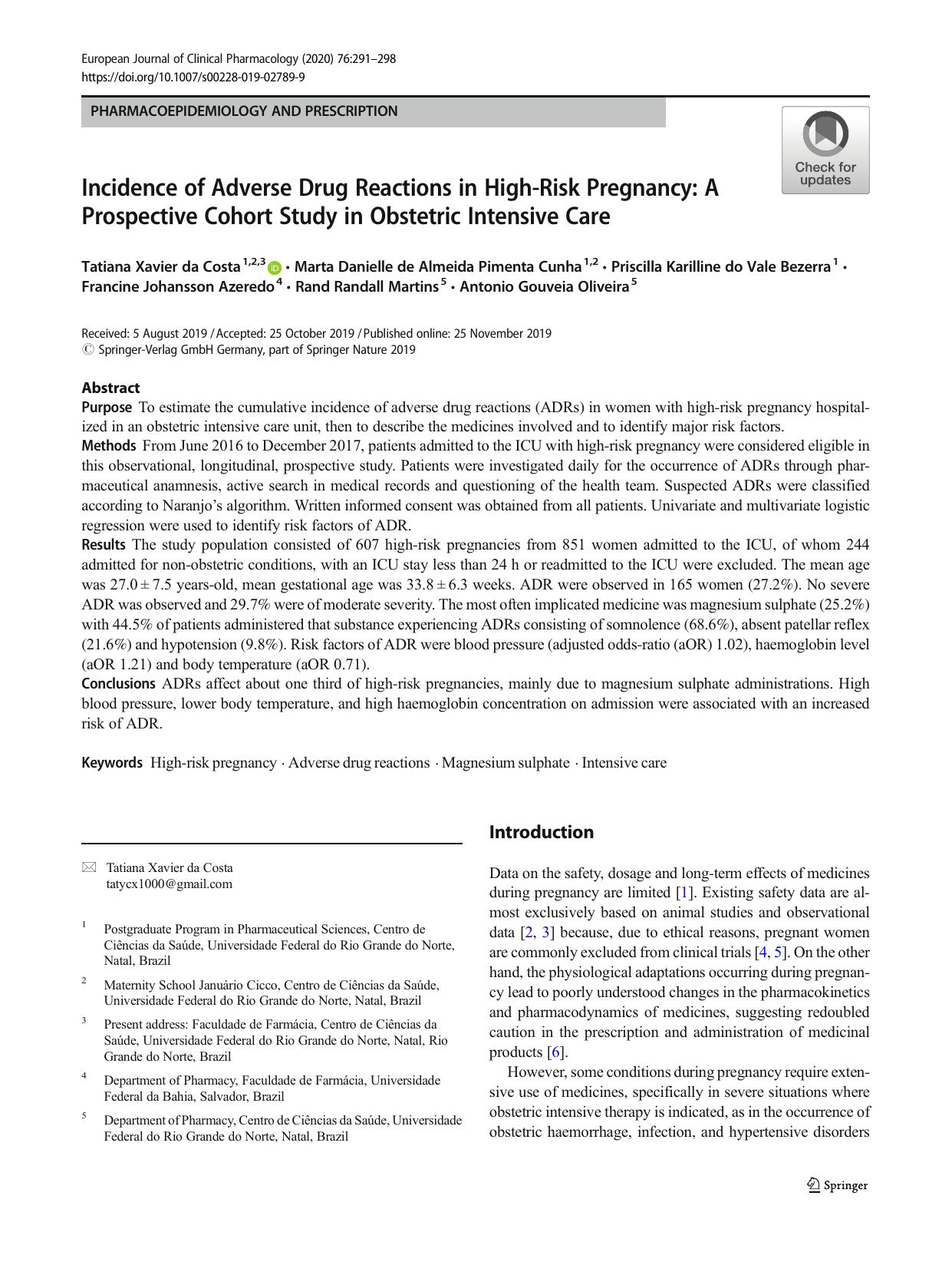 Incidence of Adverse Drug Reactions in High-Risk Pregnancy: A Prospective Cohort Study in Obstetric Intensive Care by unknow